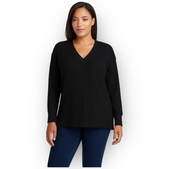 NWT Andrew Marc Ribbed V-Neck Long Sleeve Top – Black – Size Large - Picture 1 of 6